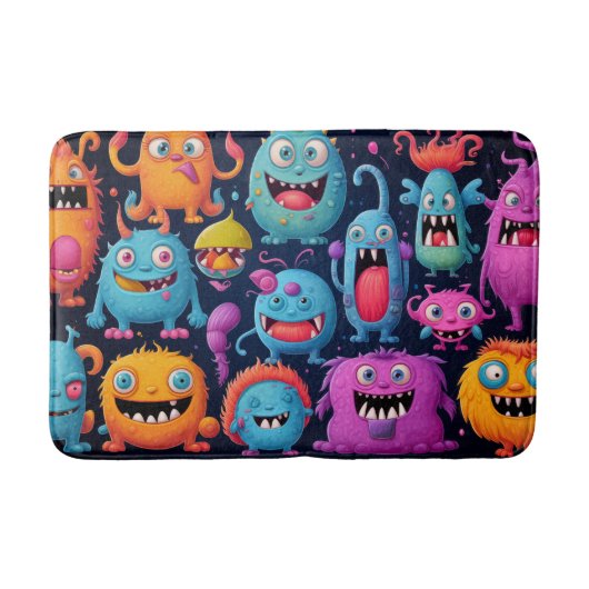 ブラックのカラフルモンスターのハッピーグループ バスマット (正面)