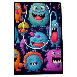 ブラックのカラフルモンスターのハッピーグループ ミディアムペーパーバッグ