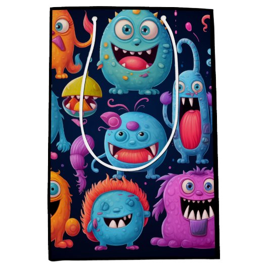 ブラックのカラフルモンスターのハッピーグループ ミディアムペーパーバッグ (正面)