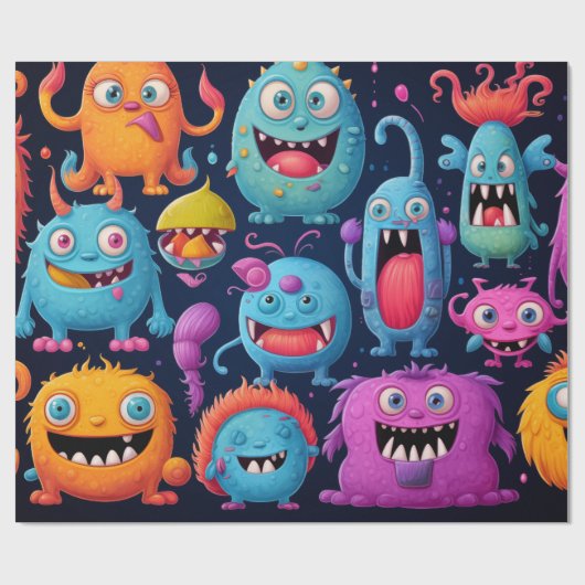 ブラックのカラフルモンスターのハッピーグループ ラッピングペーパー (フラット)