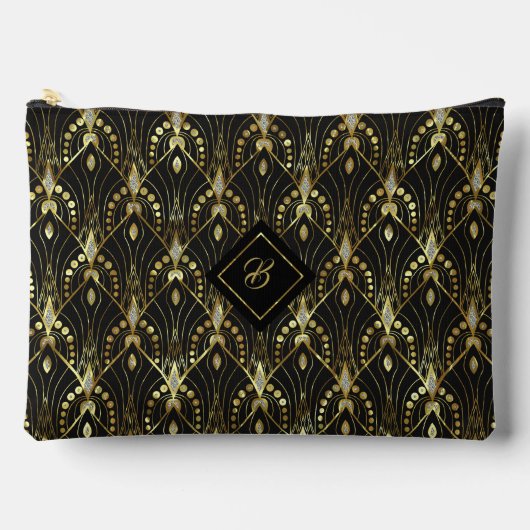 ブラックのキラキラ金ゴールドとシルバーアールデコパターン アクセサリーポーチ (正面)