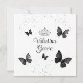 ブラックのキンセアニエラ 15歳 誕生日 バタフライ シルバーグリッター 招待状 (裏面)