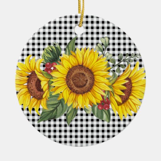 ブラックのギンガムサンフラワーカスタムパーティーファーバー セラミックオーナメント (正面)