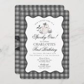 ブラックのギンガムチェックのプレッピーなゴーストがちょっぴり怖い1歳の誕生日 招待状 (正面/裏面)