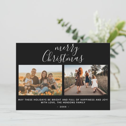 ブラックのクリスマススクリプトファミリーフォトコラージュ シーズンカード (スタンド正面)