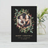 ブラックのクリスマス写真 金箔の幾何学グリーン シーズンカード (スタンド正面)