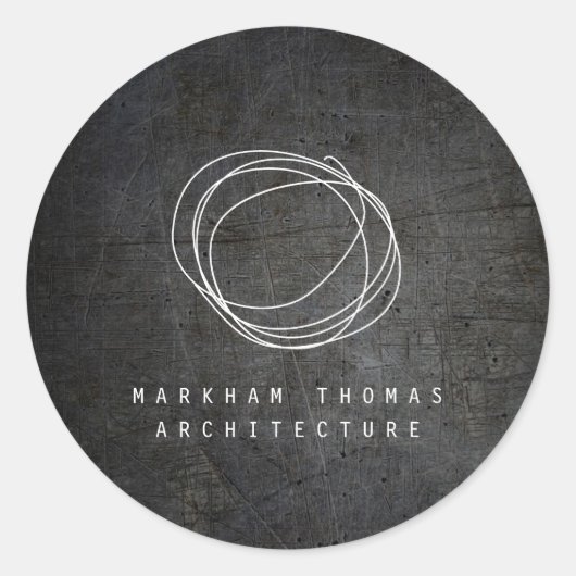 ブラックのグランジ メタルに手描きの落書きロゴ ラウンドシール (正面)