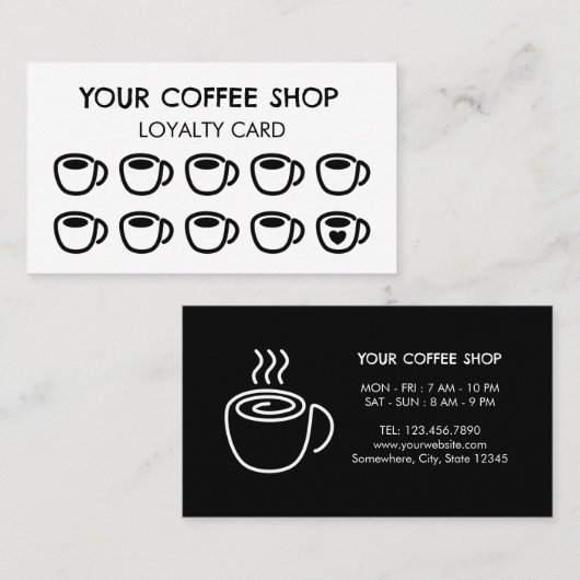 ブラックのコーヒー カップ モダン コーヒー ショップ カスタマー ロイヤリティカード (正面/裏面)