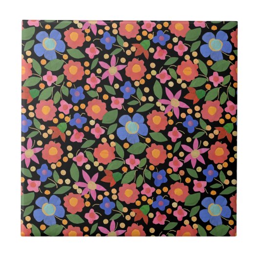 ブラックのセラミックタイルのフォークアート風の花柄 タイル (正面)