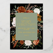 ブラックのセージグリーン 花 モダン エレガント スクリプト 箔シーズンカード (正面)