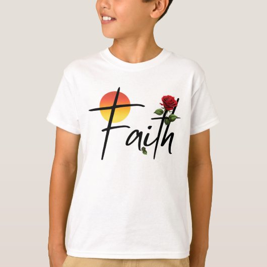 ブラックのタイポグラフィとバラの信仰 Tシャツ (正面)