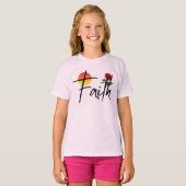 ブラックのタイポグラフィとバラの信仰 Tシャツ (正面フル)