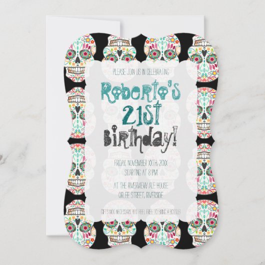 ブラックのダマスクに描かれたフェリズ・ムエルトスのスugar Skull 招待状 (正面)