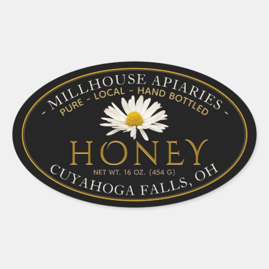 ブラックのデイジー付き地元のハンドボトル入り生はちみつ 楕円形シール (正面)
