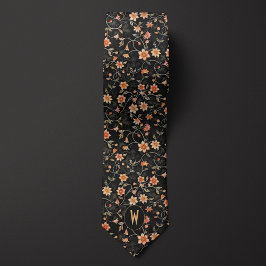ブラックのネックタイにピンクの花模様 ネクタイ