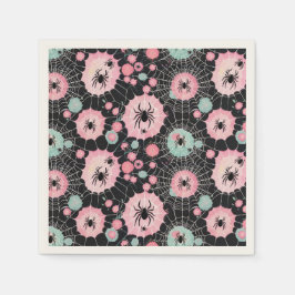 ブラックのピンクとブルーの淡い色のクモとくもの巣 スタンダードカクテルナプキン