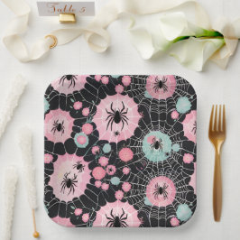 ブラックのピンクとブルーの淡い色のクモとくもの巣 ペーパープレート