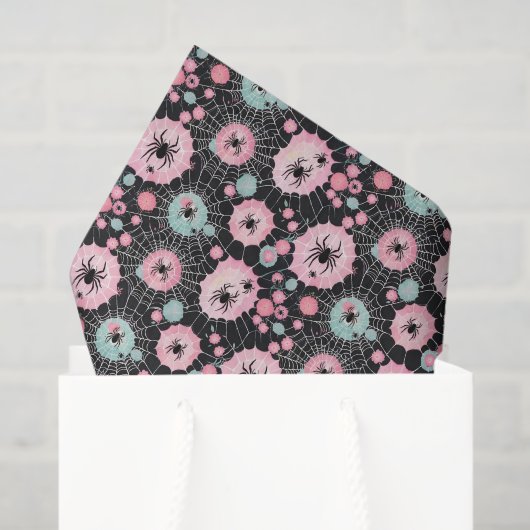 ブラックのピンクとブルーの淡い色のクモとくもの巣 薄葉紙 (ギフトバッグ)