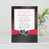 ブラックのフェイクサテン プリーツ ハートのモノグラム招待状 招待状 (スタンド正面)
