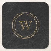 ブラックのフェイクレザー ゴールド サークル モノグラム スクエアペーパーコースター (正面)