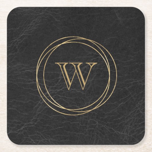 ブラックのフェイクレザー ゴールド サークル モノグラム スクエアペーパーコースター (正面)