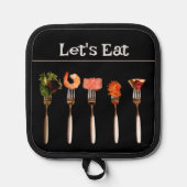 ブラックのフォークLet'sオ食べーバーミットとポットホルダー 鍋敷き (正面)