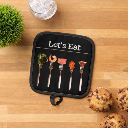 ブラックのフォークLet'sオ食べーバーミットとポットホルダー 鍋敷き (トップダウン)