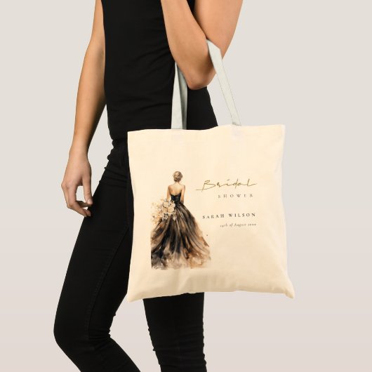ブラックのフラッシュウォーターカラーウェディングドレス ブライダルシャワー トートバッグ (正面(商品))