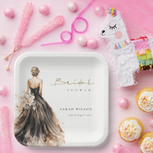 ブラックのフラッシュウォーターカラーウェディングドレス ブライダルシャワー ペーパープレート (パーティー)