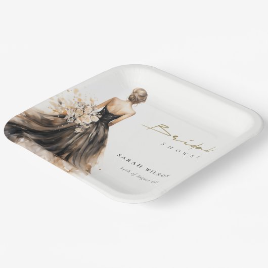 ブラックのフラッシュウォーターカラーウェディングドレス ブライダルシャワー ペーパープレート (傾斜あり)