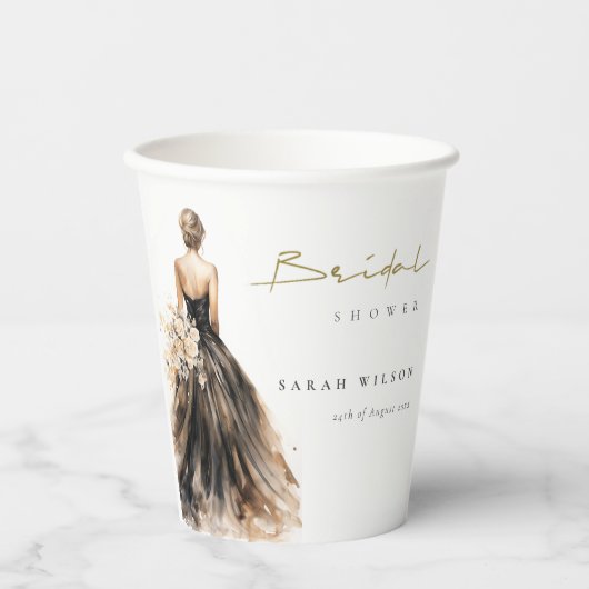 ブラックのフラッシュウォーターカラーウェディングドレス ブライダルシャワー 紙コップ (正面)