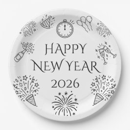 ブラックのホイップアップな落書きでお祝い 2026年新年あけましておめでとうございます ペーパープレート
