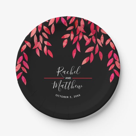 ブラックのホットピンク結婚色の葉 ペーパープレート (正面)