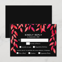 ブラックのホットピンク結婚色の葉 出欠カード
