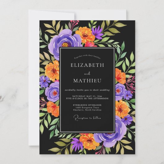 ブラックのボタニカル ウェディング 招待状 (正面)