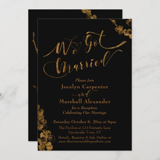 ブラックのボタニカル ゴールドで結婚しました 招待状 (正面/裏面)