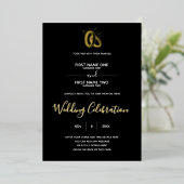 ブラックのモダンウェディングカード ゴールドリング箔押し 箔招待状 (立ち正面)