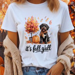 ブラックのラブラドゥードル 秋だよ みんな ピンクのカボチャ オータム Tシャツ