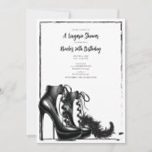 ブラックのレースアップハイheelsのboaの下着シャワー 招待状 (正面)
