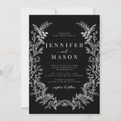 ブラックのワイルドフラワー・リース 田舎風の結婚式 招待状 (正面)
