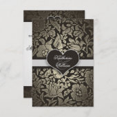 ブラックのヴィンテージ ハート ウェディング RSVP カード (正面/裏面)