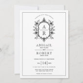 ブラックのヴィンテージ フラワー クレストとイニシャル ウェディング 招待状 (正面)