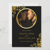 ブラックの個人用フォト金ゴールド円枠結婚枠 招待状 (正面)