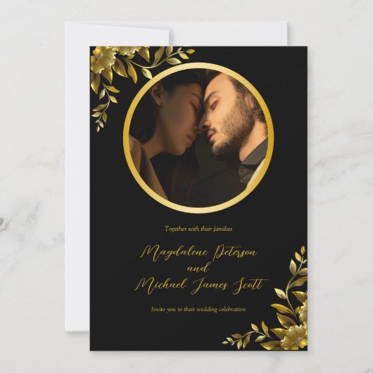ブラックの個人用フォト金ゴールド円枠結婚枠 招待状 (正面)
