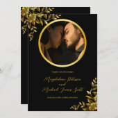 ブラックの個人用フォト金ゴールド円枠結婚枠 招待状 (正面/裏面)