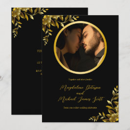ブラックの個人用フォト金ゴールド円枠結婚枠 招待状