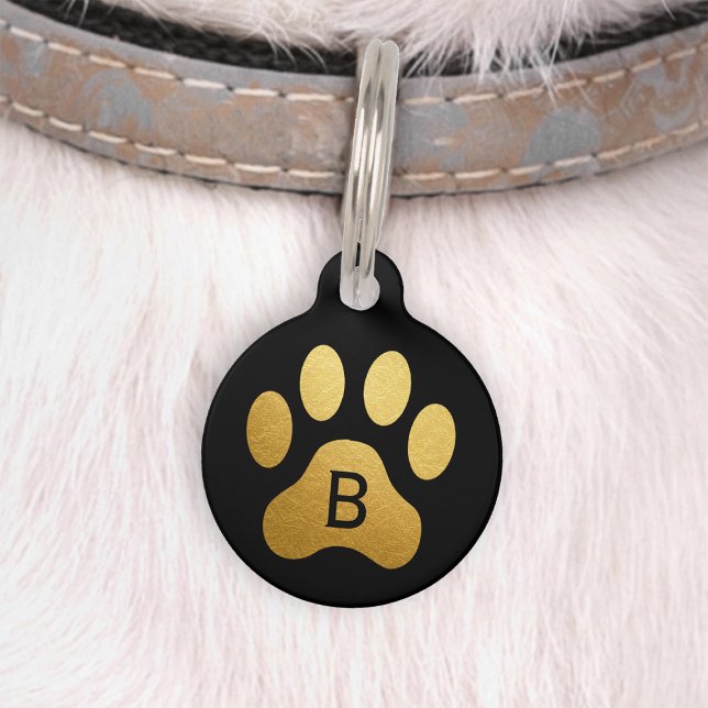 ブラックの偽金箔の犬の足の跡のモノグラム ペット　ネームタグ (クリエイターアップロード済み)