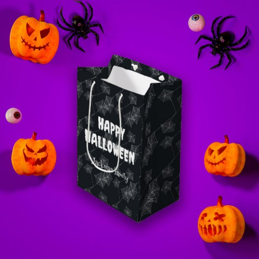 ブラックの可愛いハロウィーンのクモカスタムの巣 ミディアムペーパーバッグ