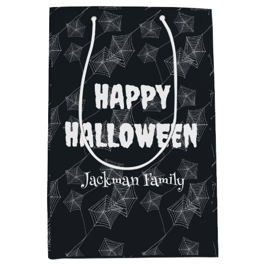 ブラックの可愛いハロウィーンのクモカスタムの巣 ミディアムペーパーバッグ (正面)