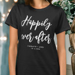 ブラックの後結婚は幸せパーソナライズされたに Tシャツ<br><div class="desc">このTシャツパーソナライズされたで結婚声明を出せ「Mergey ever after」という語は書トレンディースクリプトのフォントに含まれ、その下に名前をカスタムする、日付、場所結婚、その他の文字を追加できる。花嫁に素敵な贈り物！色：白黒。</div>